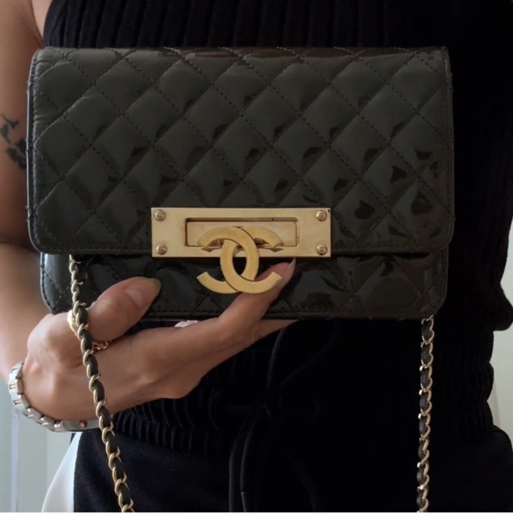 CHANEL Dark Green Patent Leather Gold Chain Wallet and Crossbody Bag